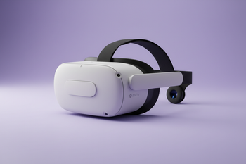 create a high resolution product image of a meta quest VR headset that looks like it was taken in a professional studio. The background should be a light purplish colour