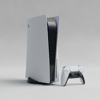 Ultra high-resolution product photo of a modern ps5 gaming console and controller.  
Minimal, premium style on a light concrete or soft stone background.  
Clean studio lighting, soft shadow, no clutter.  
Square format (1:1).  
Single hero product centred, filling about 65% of the frame with space around it.  
Looks refurbished but like new.  
No text, no logos, no people.
