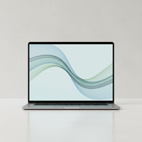 Ultra high-resolution product photography for ecommerce category tile.

Subject: modern laptop with the screen on with a regular waved background

Style:
- Minimal, premium, modern
- Light concrete or soft stone background
- Clean studio lighting, no harsh shadows
- Subtle depth and soft reflections
- Single hero product, centred, with breathing room
- No branding, no logos

Composition:
- Square format (1:1)
- Product fills ~60–70% of the frame
- Plenty of negative space
- Crisp edges, extremel